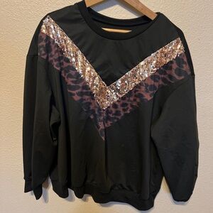 SHEIN Black Sweater with Sequin and Leopard Print